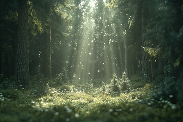 Fototapeta premium Sunlight Dancing Through Pine Trees in a Peaceful Forest