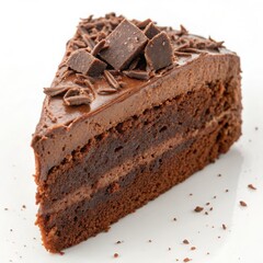 Delicious slice of decadent chocolate cake beautifully decorated and presented on white surface