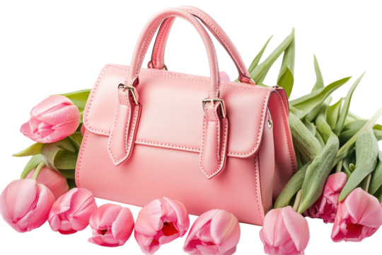 Modern pink handbag design surrounded by fresh pink details for a soft elegant aesthetic