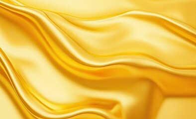 Fototapeta premium Golden silk fabric drapes in flowing, wavy folds. Detailed close-up view of luxurious, smooth texture