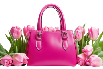 Chic pink handbag surrounded by vibrant pink elements for a fresh fashionable design concept