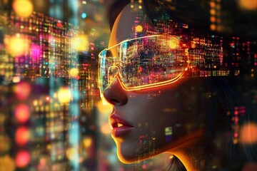 Futuristic vision, a digital cityscape reflected in augmented glasses.
