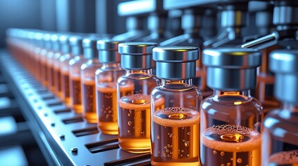 Automated production line with multiple glass vials filled with liquid medication, illustrating modern pharmaceutical manufacturing and sterile medical packaging technology

