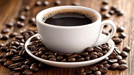 Fototapeta premium Steaming Cup of Freshly Brewed Coffee Surrounded by Roasted Coffee Beans on Rustic Wooden Table