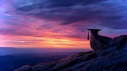 Graduation cap perched on rugged mountain peak during vibrant sunset