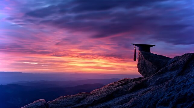 Graduation cap perched on rugged mountain peak during vibrant sunset