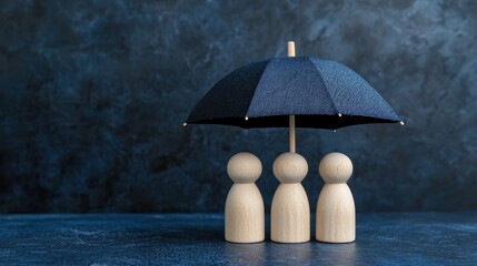 Wooden Figures Under Dark Umbrella Representing Protection, Shelter, Safety, and Community Support Concepts
