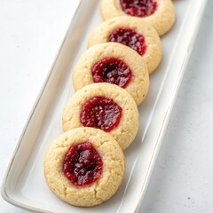 Delicious homemade thumbprint cookies with raspberry jam on a white serving platter