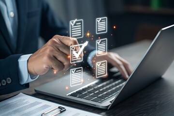 Policy documentation and compliance concept, Businessman checking on digital documents, Check steps through policies, certifications, financial detail, Quality inspection, Terms and Conditions.