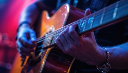 Naklejka premium Close-Up of Musician Playing Acoustic Guitar on Stage with Colorful Lighting in Background