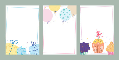 Birthday invitation card template clipart poster set. Happy birthday greeting card clip art with empty blank border frame background collection for text and typography vector illustration. 
