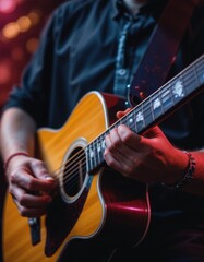 Obraz premium Close-Up of Musician Playing Acoustic Guitar on Stage with Vibrant Lighting in Background
