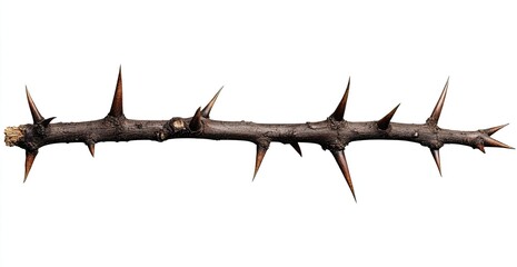 A long, thin, brown branch with numerous sharp thorns.  The branch is  straight and extends horizontally across the image.  It is isolated against a plain white background