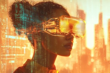 Fototapeta premium Futuristic woman wearing vr glasses in a city scene.