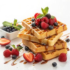 Stacked golden waffles topped with fresh berries drizzled with maple syrup and mint