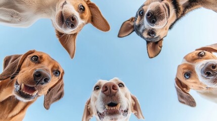 Five Joyful Dogs Looking Upward from a Unique Perspective against a Clear Blue Sky Background