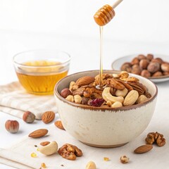 Delicious mix of nuts with honey drizzled from a wooden dipper into a ceramic bowl