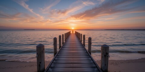 Obraz premium Stunning Sunset Over Serene Ocean with Wooden Pier Extending into Horizon Under Vibrant Sky