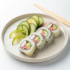Delicious and freshly prepared california maki sushi rolls presented on a plate with cucumber