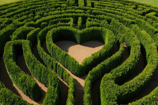 Aerial view of a green maze garden featuring a heart-shaped pathway design - Powered by Adobe