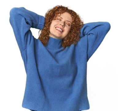 Young Caucasian redhead woman stretching arms, relaxed position.