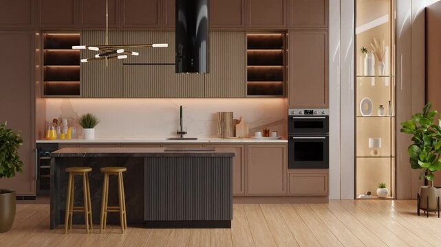kitchen room interior in brown mocha mousse 2025 color with modern decoration - 3D rendering	