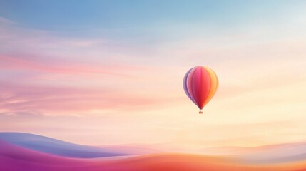 Fototapeta premium Hot Air Balloon Over Colorful Sky and Soft Rolling Hills at Sunset