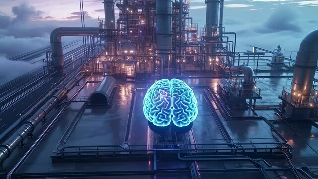 Captivating visuals reveal an intricate industrial facility, harmonizing with the ethereal glow of a brain visualization.