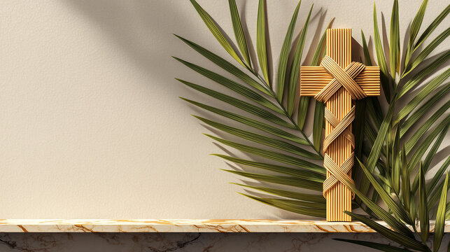 cross and palm leaves - Palm Sunday, gradient banner copy space for text, cross decorated with palm leaf knots placed on marble altar table, gold to cream gradient background with empty space