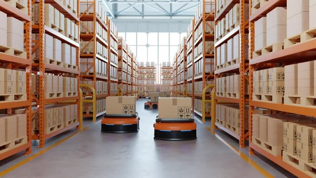 Automated warehouse with robot carts transporting packages in distribution center- 3D rendering