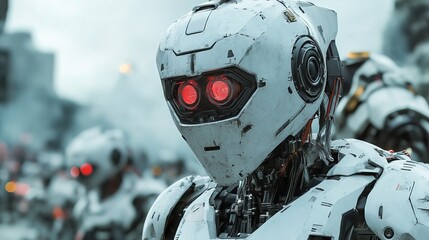 A self-repairing AI-driven robotic soldier on a futuristic battlefield