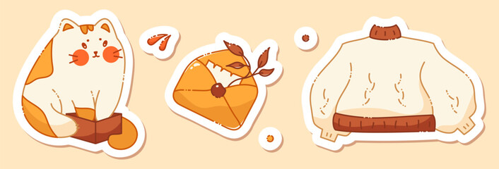 A set of planner stickers on a fall theme. A kawaii cat, warm sweater and envelope with an autumn sprig.