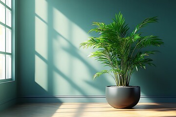 Leafy potted plant adding freshness to cozy bedroom high resolution photo