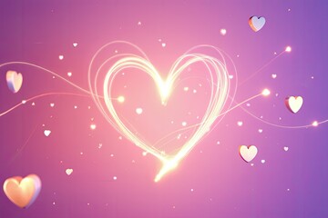 Glowing heart art with floating hearts and lines on a gradient pink and purple background