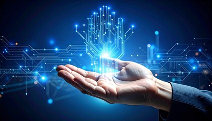 Innovation in the palm of your hand:  A futuristic digital circuit board held gently, symbolizing technological advancement and progress.