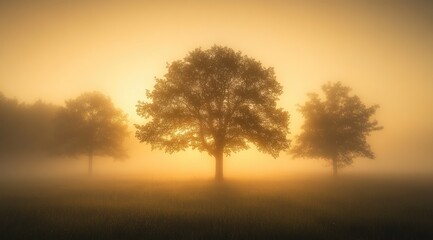 Obraz premium Misty Sunrise Landscape with Trees