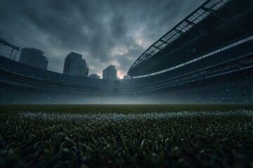 Foggy dew view in the morning on the soccer field