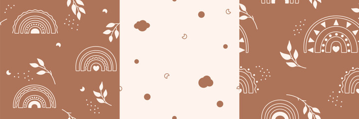 A set of three kids seamless patterns drawn in neutral pastel bohemian colors featuring rainbows, leaves, clouds and dots.