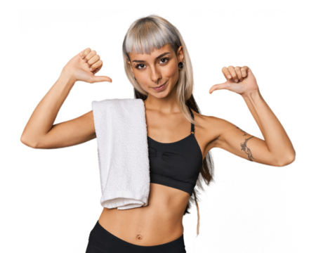 Caucasian young woman in sportswear feels proud and self confident, example to follow. - Powered by Adobe