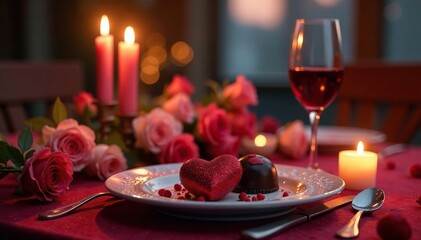 Romantic Valentine's Day dinner setting, candles, flowers, chocolates , date, date night, ambiance