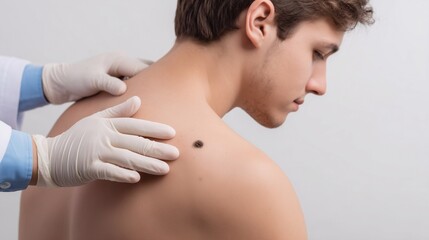 A dermatologist examines a mole on a young man's back, highlighting the importance of regular skin checkups for early detection and prevention of skin health issues in clinical settings.