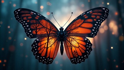Butterfly with orange wings and a forest scene reflected on them