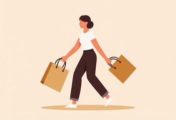 Woman carrying heavy shopping bags in a minimalistic style  
