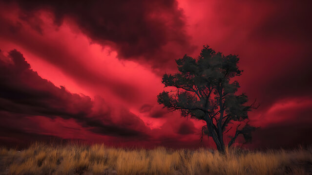 Dramatic red sky over a lone tree in a grassy field evoking atmospheric moods