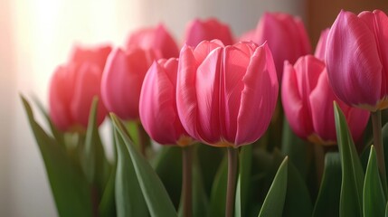 Fototapeta premium Vibrant Pink Tulips in Soft Natural Light Featuring Lush Green Leaves on Display in a Floral Arrangement