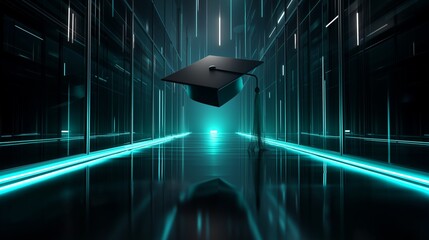 Graduation cap hovers in a futuristic setting, embodying success and achievement in modern education