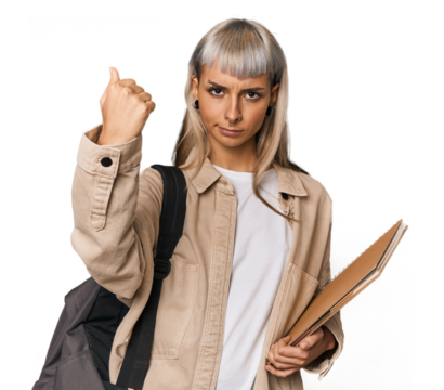 Caucasian young student with books showing fist to camera, aggressive facial expression.