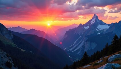 Breathtaking panoramic view of a majestic mountain range at sunset, showcasing vibrant colors and stunning natural beauty , scenic view, clouds, wilderness
