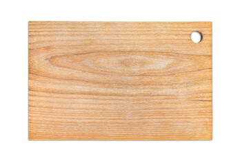 rectangular wooden cutting board on white isolated background, top view