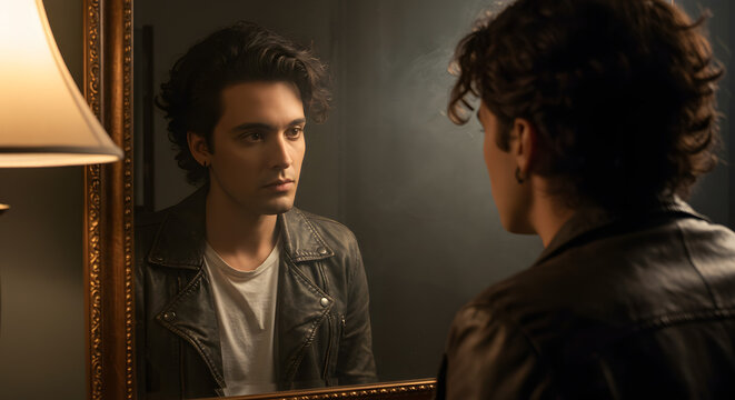 Self denial illustrated through mirror reflection rejecting the person’s inner truth and identity